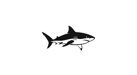 Fototapeta premium Black and white cartoon of a shark with a fin and pointy teeth swimming to the right