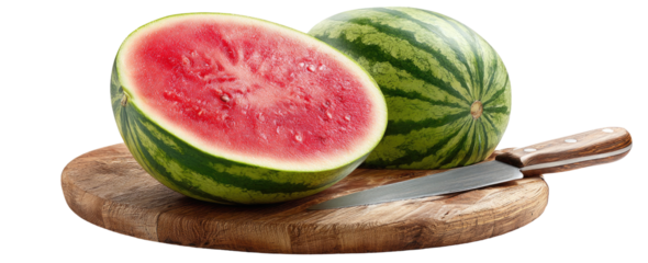 Two halves of a watermelon on a wooden cutting board with a knife