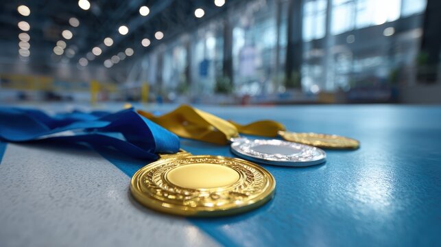 Medals displayed on a blue surface after a sports competition held in an indoor arena, showcasing achievements in various athletic events