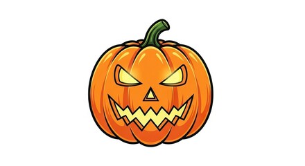 Cartoon pumpkin with a carved face orange body black outline triangle nose jagged mouth green stem