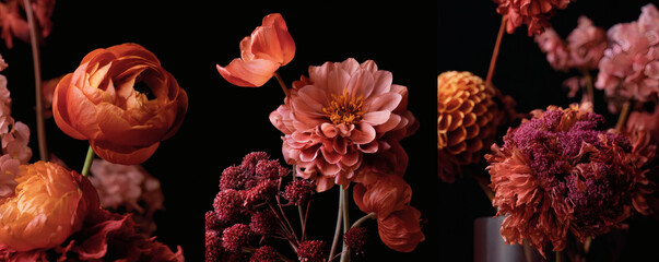 Floral bouquet featuring orange ranunculus, dahlia, and other vibrant blooms