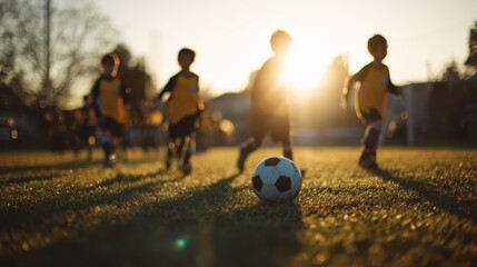 Children playing soccer on a grassy field at sunset with vibrant shadows creating a lively atmosphere
