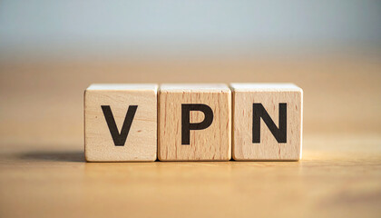 Wood blocks with abbreviation text VPN. Virtual private network. Secure connection.