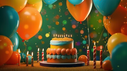 birthday cake, birthday candles, balloons, party decorations, festive, celebration, warm lighting, golden colors, teal blue, orange, vibrant, photorealistic
