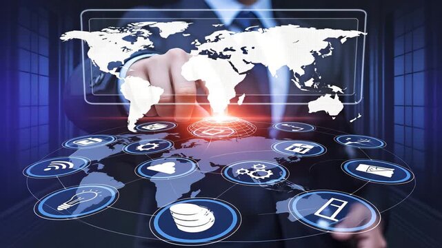 Businessman touching a holographic world map with digital icons and network connections