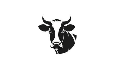 The image presents a stylized monochrome illustration of a cows head featuring sharp horns and a distinct white facial pattern