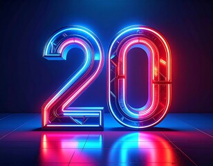 Illuminated vibrant neon digits on reflective floor, glowing and modern