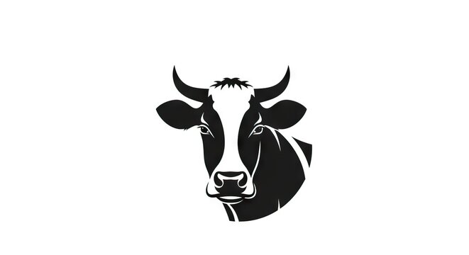 The image presents a stylized monochrome illustration of a cows head featuring sharp horns and a distinct white facial pattern