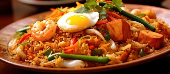 spicy kimchi fried rice, steamed egg, crispy pork belly, scallions, sesame seeds, rich savory flavors, vibrant colors, detailed textures, appetizing food photography, high resolution, studio lighting,