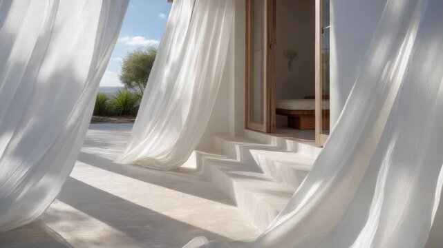 Soft white curtains billow around stone steps leading to an open door, creating a bright, airy patio scene.