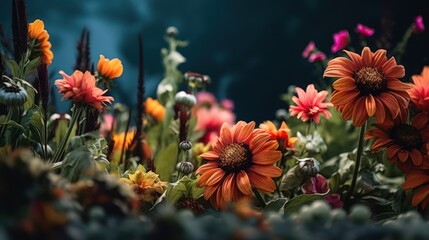 stunning vibrant dahlias, blooming flowers in lush garden, natural light and shadows, moody cinematic atmosphere, detailed textures, rich colors, depth of field, dreamlike quality
