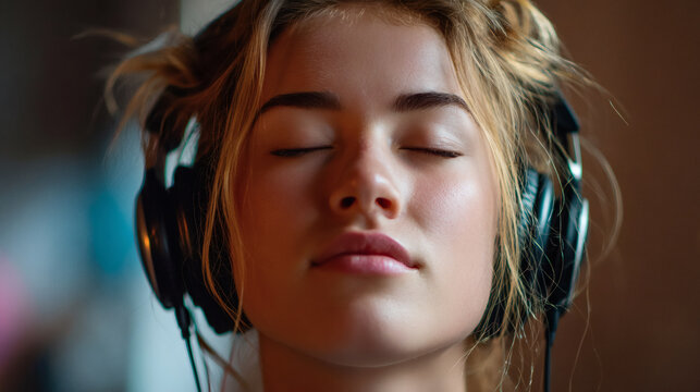 Woman listening to relaxing music, finding calm and mindfulness with eyes closed