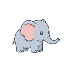 Adorable cartoon illustration of a baby elephant with pink ears, standing in cute chibi style, isolated, perfect for children’s design, logos, and educational materials