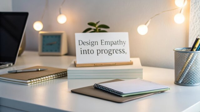 Modern Workspace Featuring Inspirational Quote on Minimalist Desk with Plants, Notebooks, and Decorative Lights