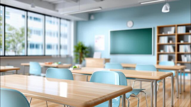 Light blue chairs and wooden tables neatly arranged in an empty classroom, ready for the return of students, with books and erasers on a desk video 4k