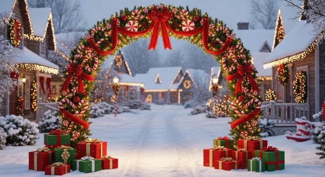 Festive Christmas Archway Decorated with Lights and Gifts