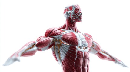 Anatomical illustration of human muscular system on transparent background