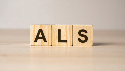 Wooden cubes with abbreviation ALS. Amyotrophic Lateral Sclerosis. Medical, neurology, healthcare