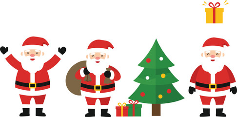 Cartoon Santa Claus characters with Christmas tree and gift boxes, festive holiday illustration, seasonal decoration design, cheerful winter celebration artwork