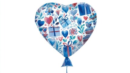 Watercolor heart illustration filled with gifts and floral elements on transparent background