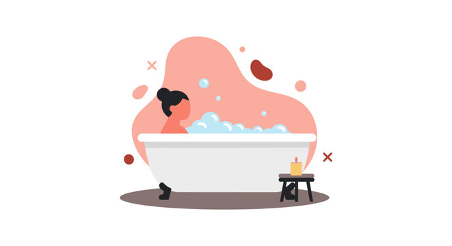 A woman relaxes in a bubble bath, enjoying a moment of self-care and tranquility with a serene ambiance.