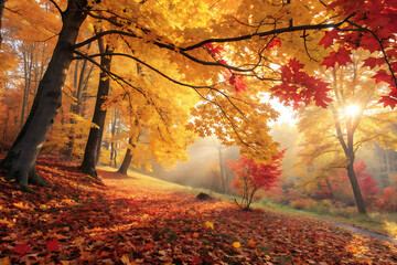 Colorful autumn foliage blankets the forest floor and trees along a path, creating a vibrant fall landscape in the park
