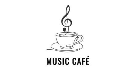 Continuous line drawing of a coffee cup with musical notes, a unique and elegant single continuous line art representing a music cafe