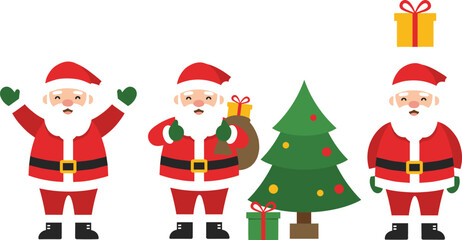 Cartoon Santa Claus characters with decorated Christmas tree and gift boxes, festive holiday illustration, cheerful seasonal artwork, winter celebration design