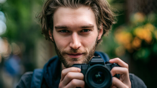 Young man with beard holding camera, looking directly, enjoying hobby outdoors