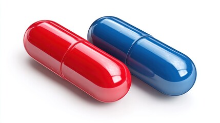 Red and blue capsules side by side on transparent background
