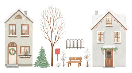Winter watercolor set with houses, trees, mailbox and bench, design Christmas elements for your greeting or invitation cards. Isolated hand drawn holiday symbols.