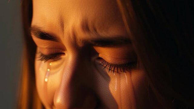 Close-up of a young woman crying with tears streaming down her face in dramatic lighting.