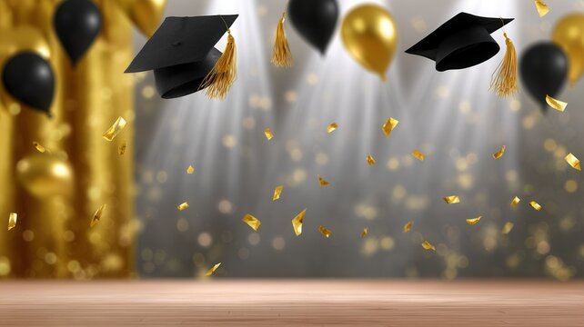 Festive graduation celebration backdrop featuring mortarboards, balloons, confetti, and gift boxes a wooden stage
