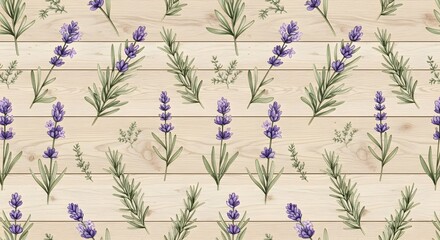 Seamless watercolor pattern featuring delicate purple lavender flowers and fresh green sprigs on a rustic light wooden background, ideal for botanical designs