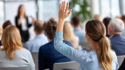 Professional woman collaborating during team meeting, leaning forward and discussing project details sleek conference at table