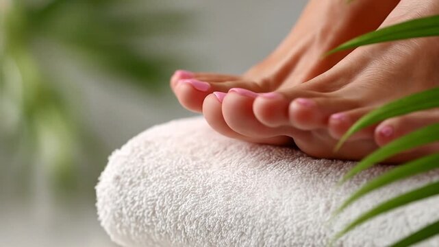 A pair of human feet with bright pink toenails, resting on a fluffy white towel