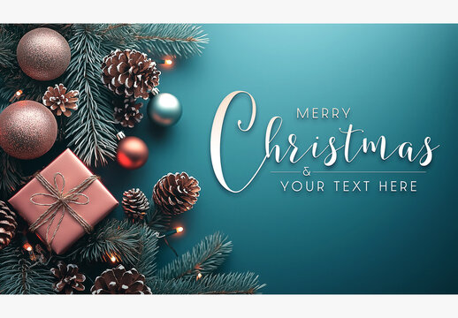 Blue Christmas Card With Gifts And Decorations Mockup