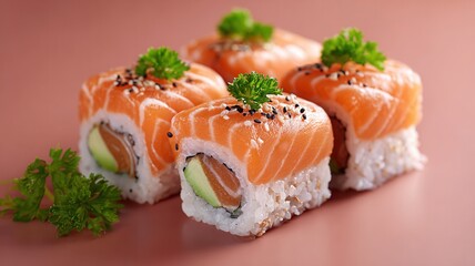 Sushi rolls with salmon, avocado, rice, and sesame seeds, representing healthy eating and japanese cuisine