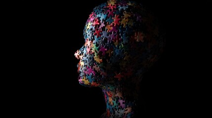 Conceptual artwork silhouette of a head composed of colorful jigsaw pieces