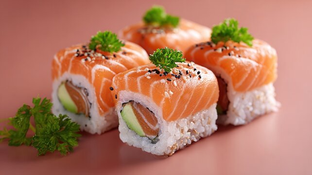 Sushi rolls with salmon, avocado, rice, and sesame seeds, representing healthy eating and japanese cuisine