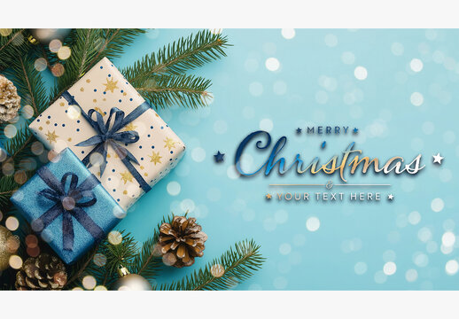 Soft Blue Christmas Card With Gifts And Christmas Tree Mockup