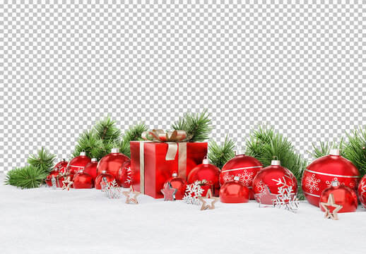 Isolated Christmas Scene with Red Decorations, Gifts and Baubles on Snow