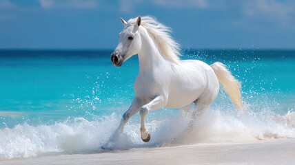 White horse galloping through shallow turquoise water, creating splashes a sandy beach under clear sky a blue