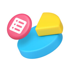 Pie chart with highlighted segment and list for data analysis, statistics, information, report, business, analytics, presentation, and infographic. 3d icon realistic vector illustration