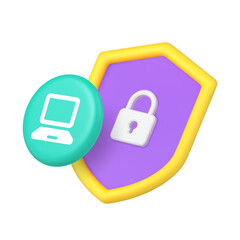 Shield with lock and computer for cyber security, protection, privacy, firewall, antivirus, data encryption, network safety, and internet technology. 3d icon realistic vector illustration