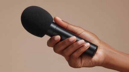 Woman is holding a black microphone a tan background, ready a podcast, performance singing interview,