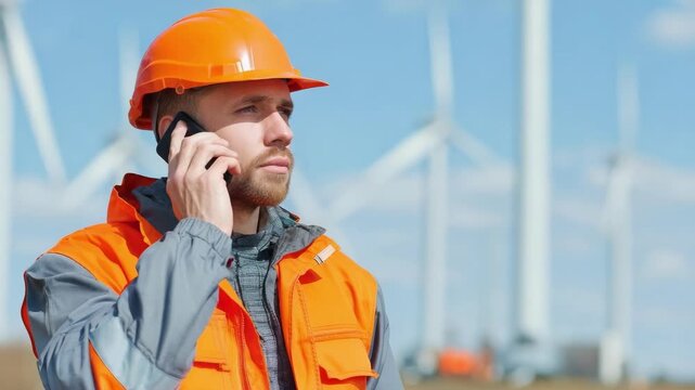 Worker in an orange hard hat and vest talks on a cellphone with wind turbines in the background.