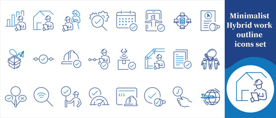 Minimalist hybrid work outline icon set, hybrid work, remote work, office work, work from home, home office, co-working, virtual meetings, video calls, online collaboration, digital workplace and more