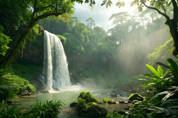 Beautiful natural waterfall cascade flowing through the green forest and rocks into a river stream
