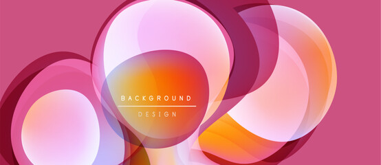 Abstract design features overlapping translucent circles. Pink, orange, yellow hues create dynamic visual effect. Modern background texture.